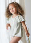 Liva | Muslin Cotton Ruffle Embroidered Romper | Sage