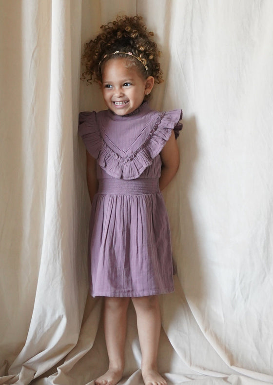 Esmée | Muslin Cotton Ruffle Dress | Mauve Wine