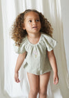 Liva | Muslin Cotton Ruffle Embroidered Romper | Sage