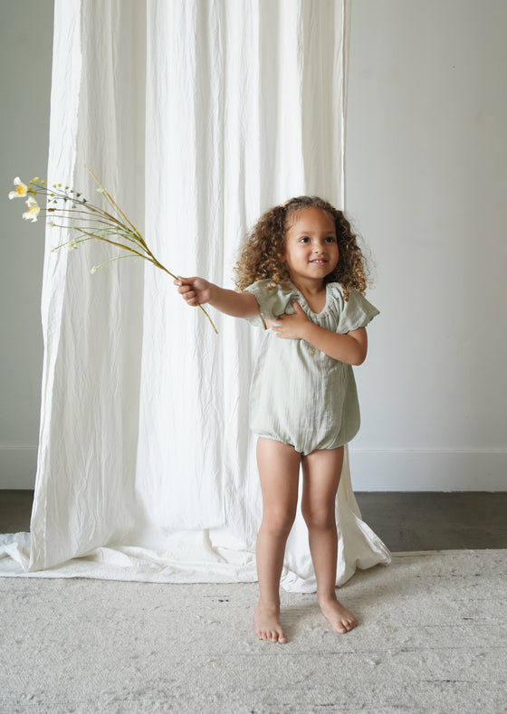 Liva | Muslin Cotton Ruffle Embroidered Romper | Sage