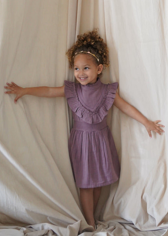 Esmée | Muslin Cotton Ruffle Dress | Mauve Wine