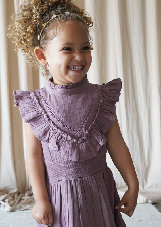 Esmée | Muslin Cotton Ruffle Dress | Mauve Wine