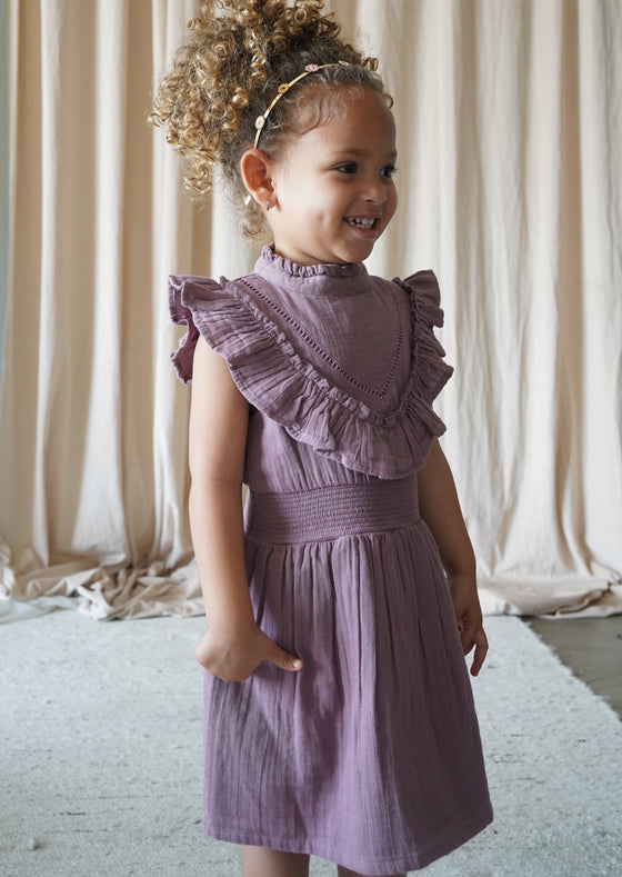 Esmée | Muslin Cotton Ruffle Dress | Mauve Wine