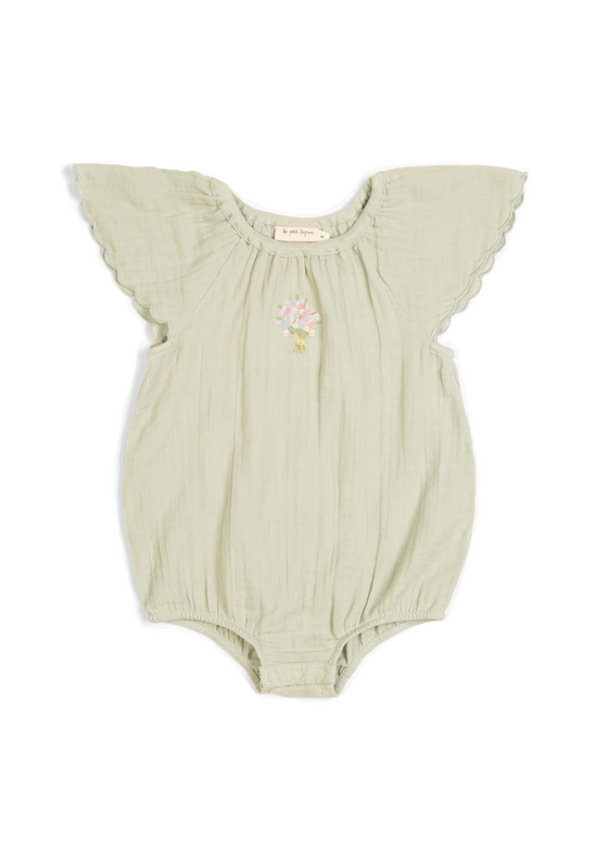 Liva | Muslin Cotton Ruffle Embroidered Romper | Sage